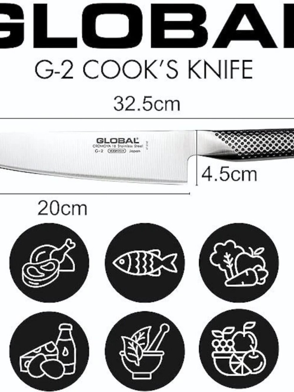Global 8" Classic Stainless Steel Chef Knife – G2 Kitchen Cooking Knife